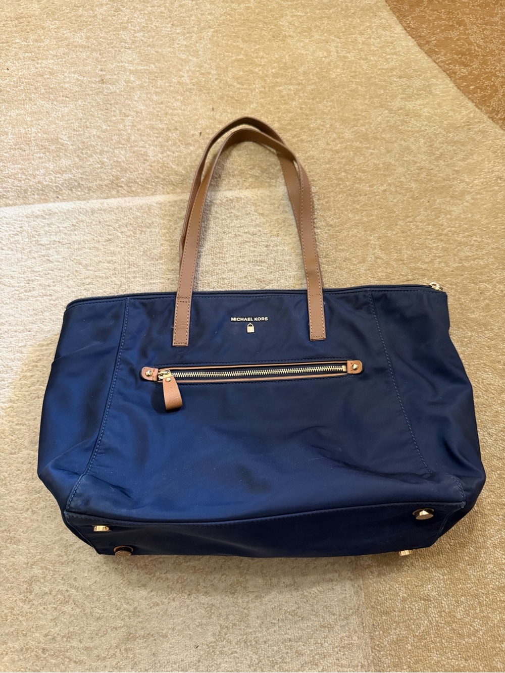 Michael Kors Navy Tote with Tan Leather Handles